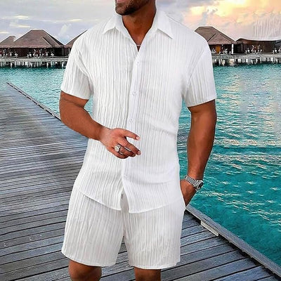 Men Summer Casual Short Sets Hawaiian Solid Short Sleeve Button Down Shirt Short image 0