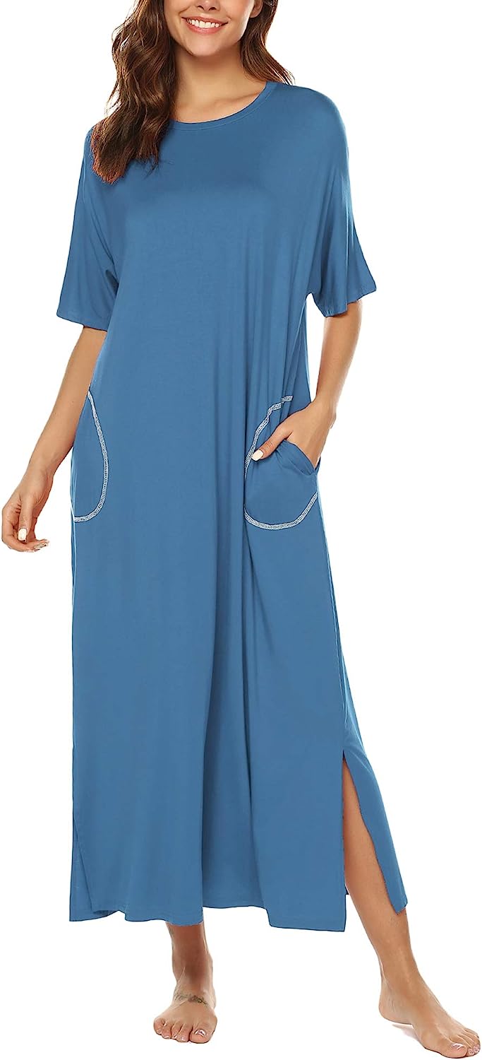BESDELWomen's Nightgown Short Sleeve Long Sleepwear with Pockets Loose Fit Night image 1
