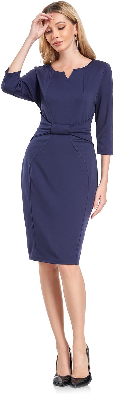 MINTLIMIT Women Sheath Dress Notch V Neck 3/4 Sleeve Bow Waist Wear to Work Penc image 0