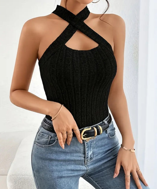 Ribbed Knit Cut Out Halter Top image 0