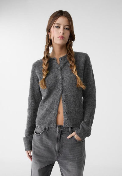 Buttoned knit jacket Dark grey,Round neck knit cardigan with image 0