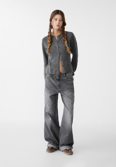 Buttoned knit jacket Dark grey,Round neck knit cardigan with image 1