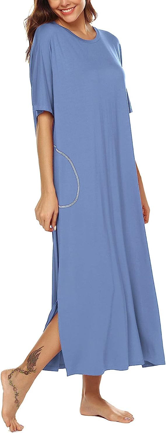 BESDELWomen's Nightgown Short Sleeve Long Sleepwear with Pockets Loose Fit Night image 0