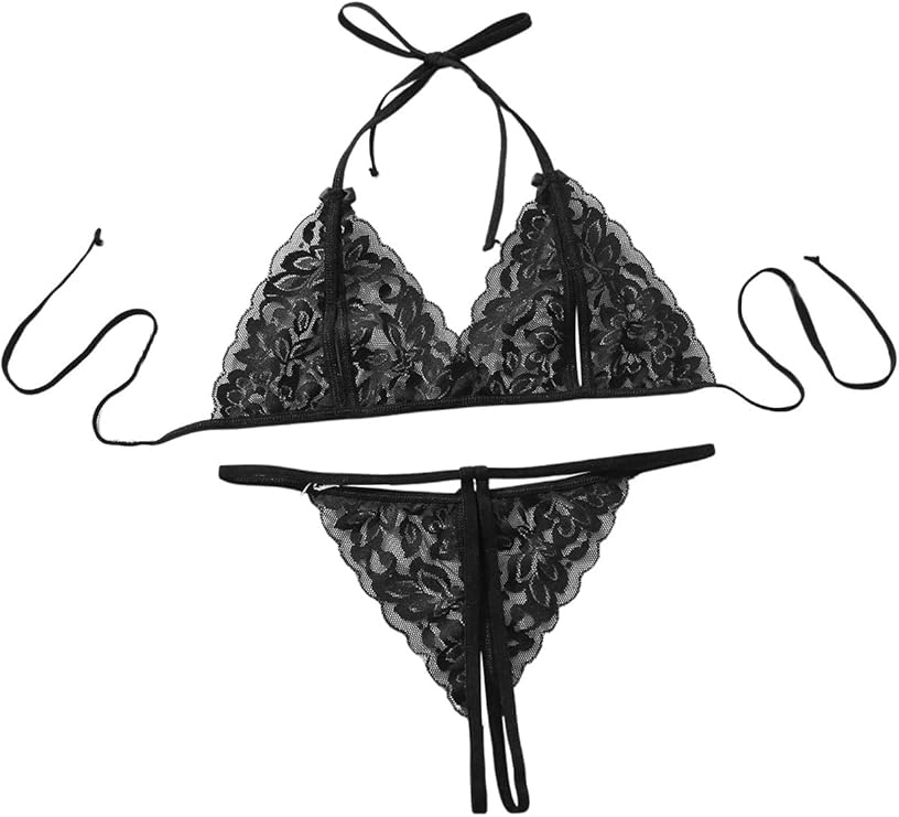 GORGLITTER Women's Lace Halter Bralette and Crotchless Thong Bra and Panty 2 Pie image 0