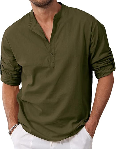 VANVENE Men's Cotton Linen T-Shirt Button Henley Shirt Long Sleeve Casual Beach image 2