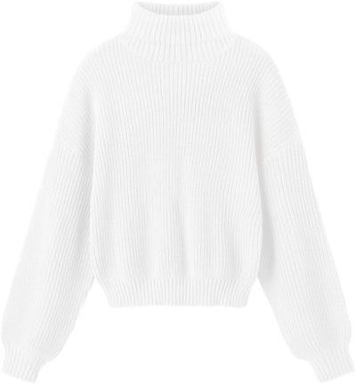 PrinStory Women's Turtleneck Jumpers Lantern Sleeve Cropped Sweater Ribbed Knit image 1