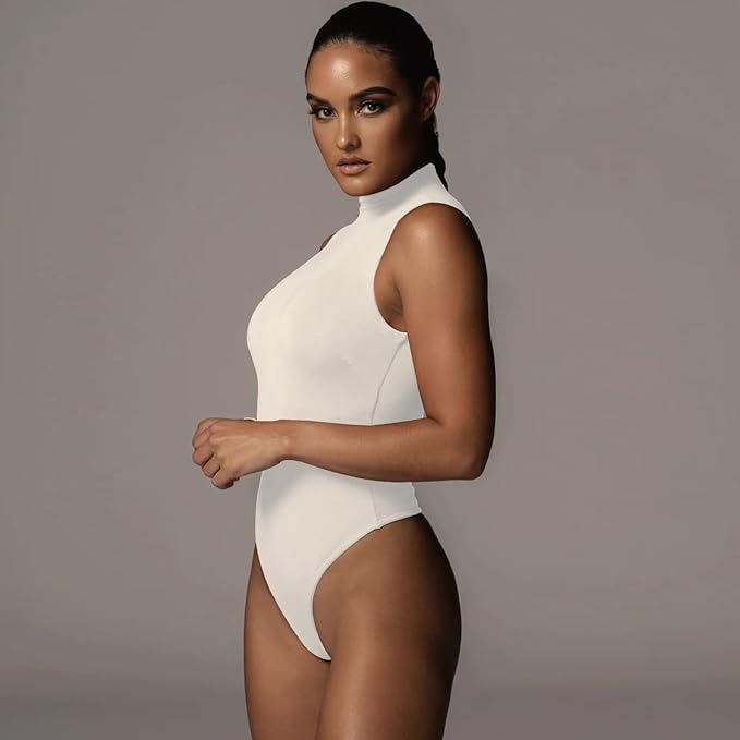 KOEMCY Bodysuit for Women Sexy Sleeveless Half Turtleneck Bodysuit Slim Fit Stre image 0