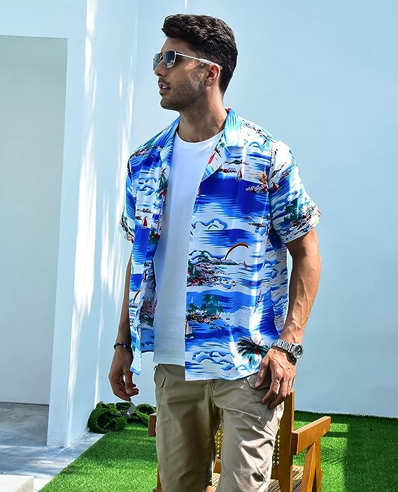 siliteelon Mens Hawaiian Shirt Cotton Regular Fit Short Sleeve No Iron Casual Be image 0