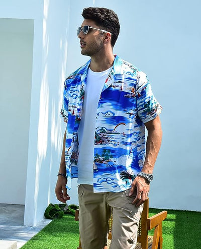 siliteelon Mens Hawaiian Shirt Cotton Regular Fit Short Sleeve No Iron Casual Be image 0